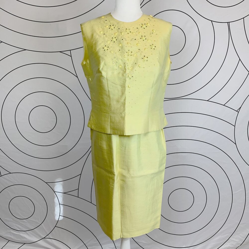 Vintage 60s 3-Piece Slubbed Silk Suit Embellished w/ Rhinestones, Pearls, Sz 14 - Picture 13 of 16